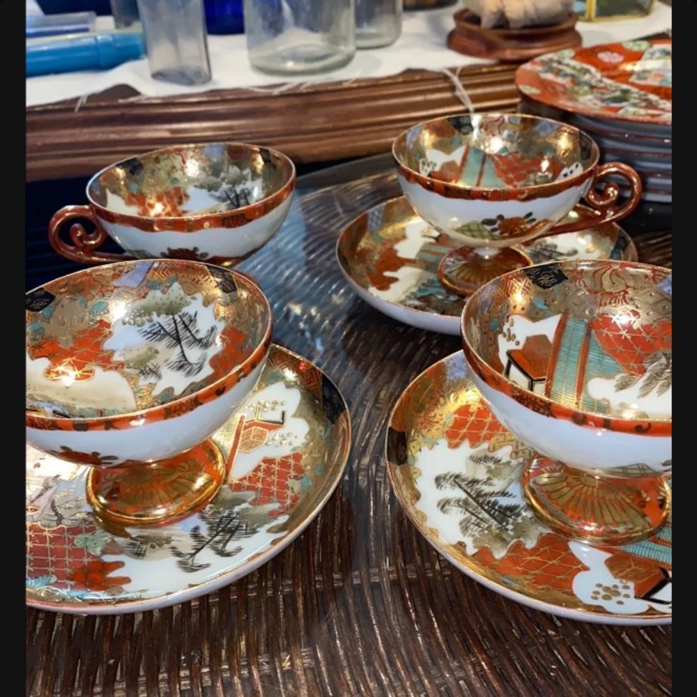 Antique Japanese Kutani Eggshell Porcelain Tea Cups and Saucers